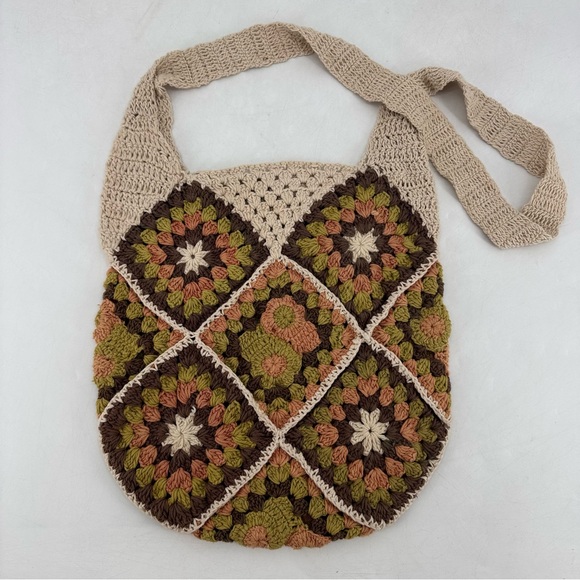 Vintage 70s Boho Hippie Granny Square Crochet Handmade Crossbody Bag Purse - Picture 8 of 8